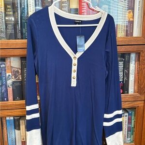 Torrid NWT Blue and White Ribbed Henley Varsity Long Sleeve Top